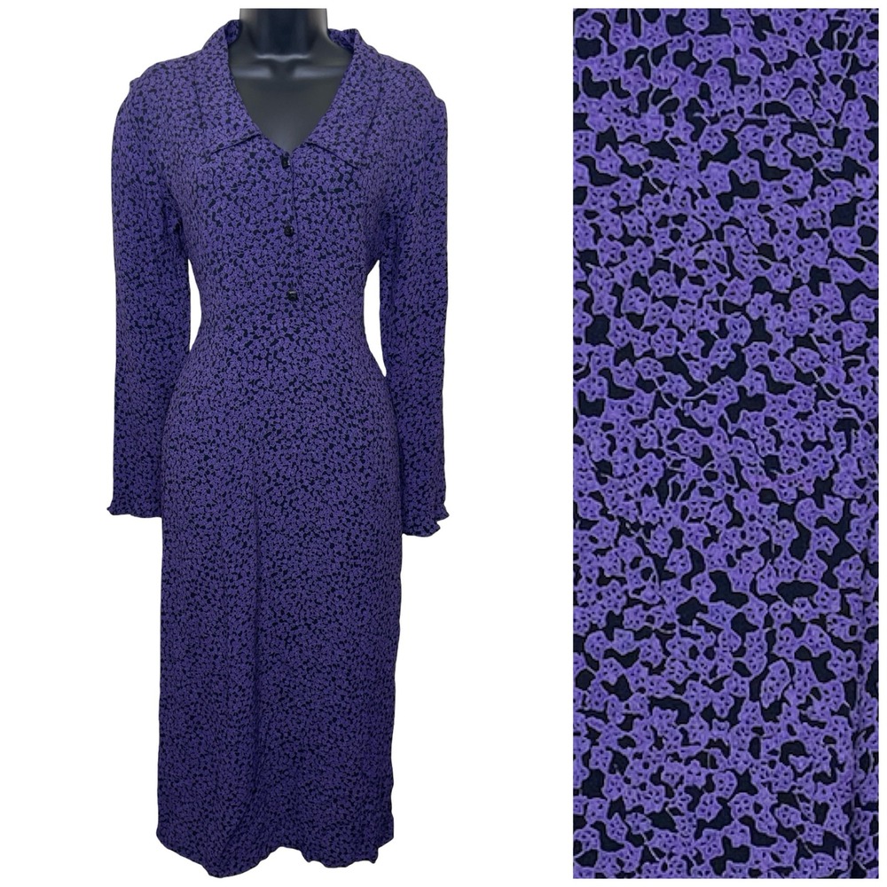 Vintage Putumayo Purple Ditsy Floral Collared Midi Dress S 90s Y2K Whimsigoth‎